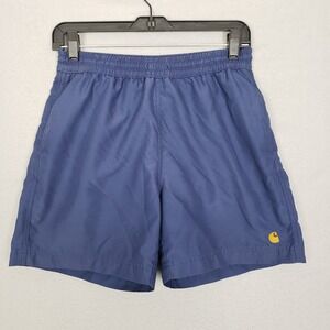 Carhartt Logo Front Chase Swim Trunks Navy Blue‎ Mesh Lined Sporty Beach Size S